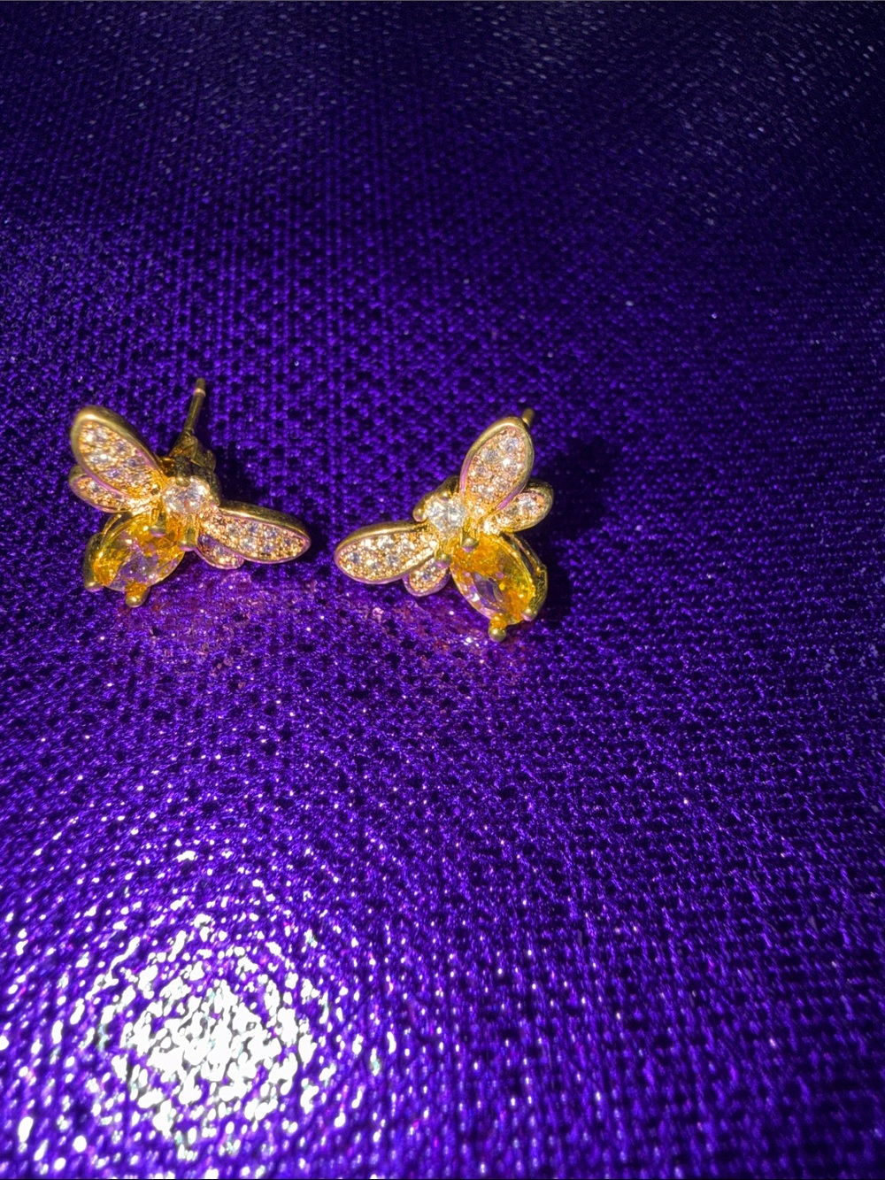 Gold Bee Stud Earrings with Yellow Crystal Drops